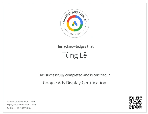 Ảnh chứng chỉ Google Ads Display của Tùng Lê