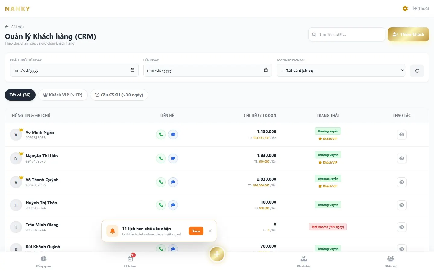 Nanky Spa Manager: Quản lý khách hàng (CRM)