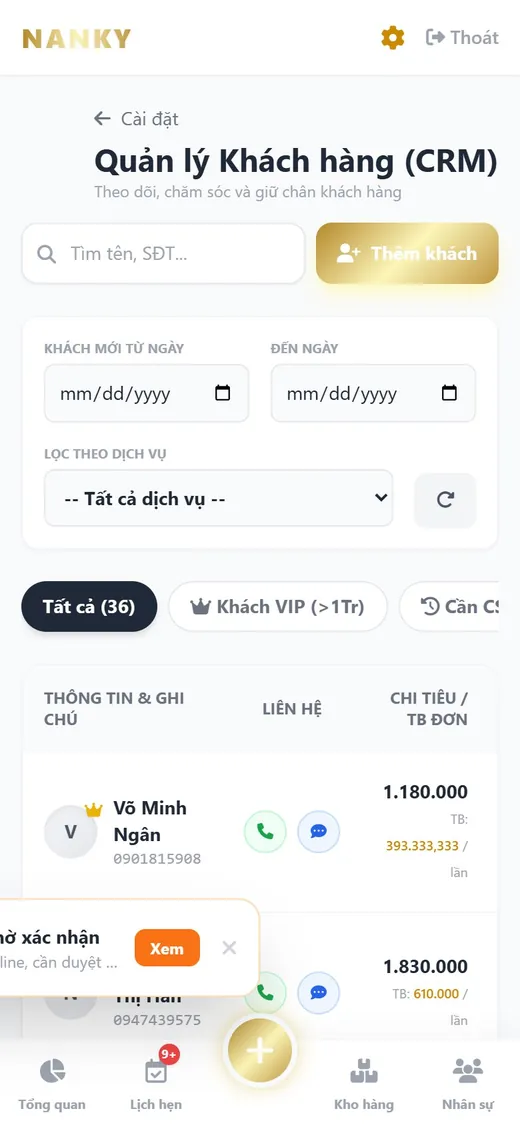 Nanky Spa Manager trên điện thoại: Khách hàng